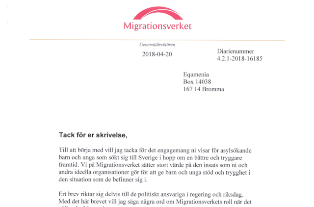 Migrationsverkets svar på Equmenias brev