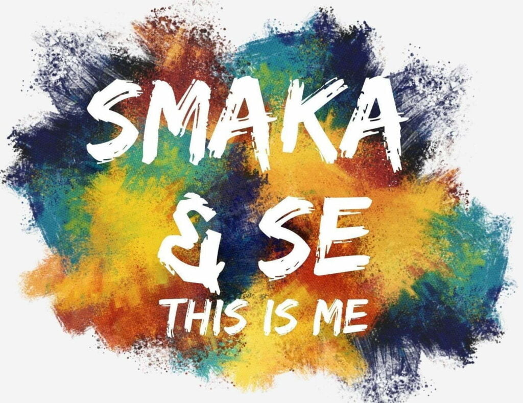 Text smaka och se, this is me, mot färglad bakgrund