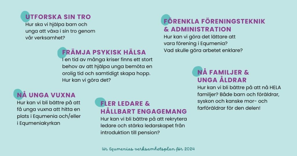 Utforska sin tro, Främja psykisk hälsa, Förenkla föreningsteknik & administration, Nå unga vuxna, Fler ledare & hållbart engagemang, nå familjer och unga åldrar.
